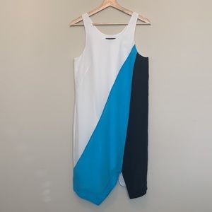 A/X Armani Exchange blue and white color block with asymmetrical hem dress